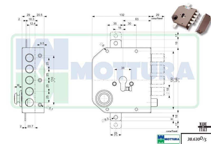 Serratura da applicare triplice Mottura 38630 a cilindro