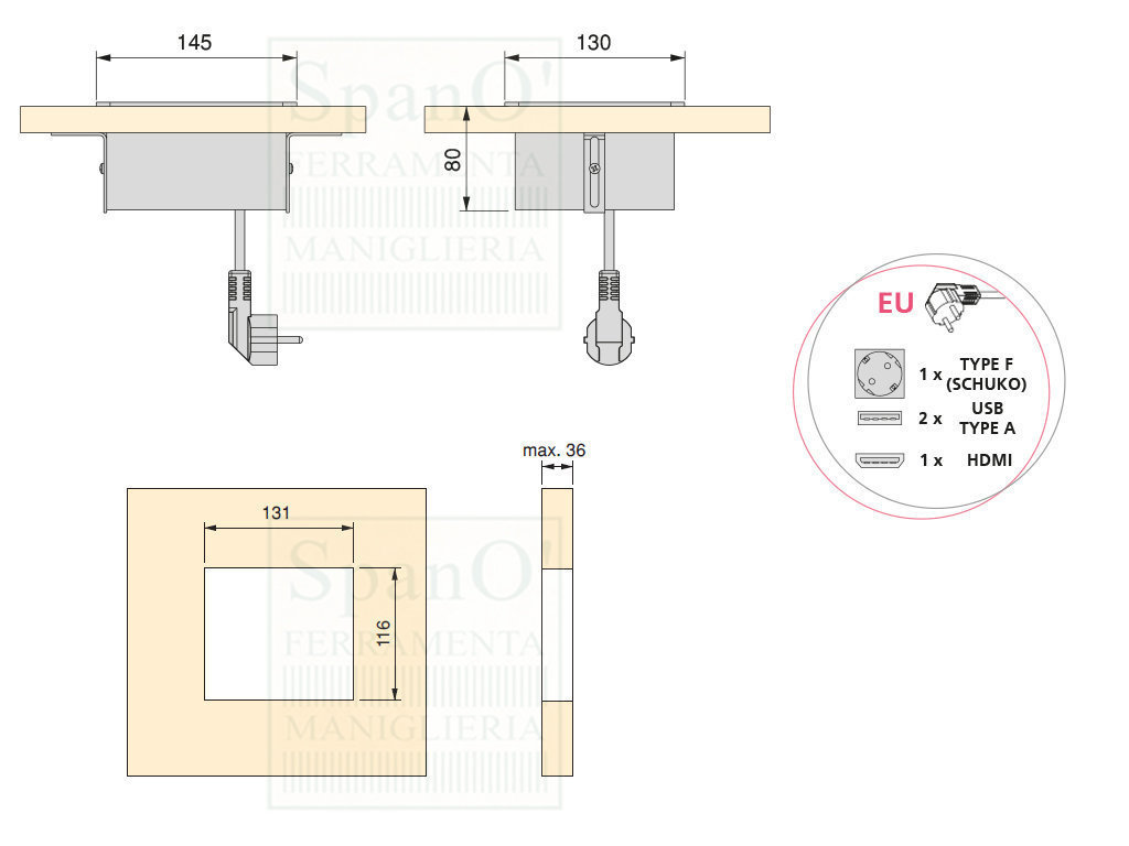 Multi-connettore a incasso su piano Atom 14 tecnic